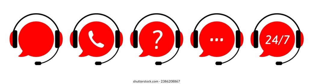 Black and red customer support icons. Headphones and speech bubbles. Assistance, technical support, service. Call center, hotline