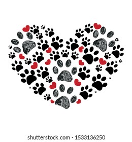 Black and red dog paw print made of heart vector illustration background