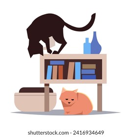 Black and red domestic cats play on bookshelf. Flat vector illustration with isolated background