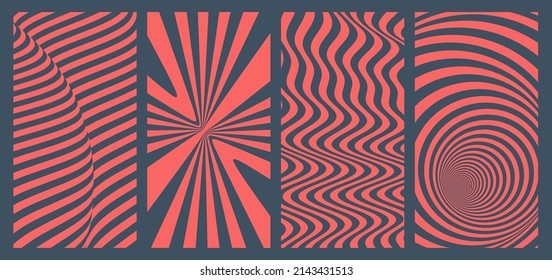 Black and red dynamic surface with effect of optical illusion. Wavy background of lines. Striped pattern. Abstract inside the tunnel. 3d vector illustration.