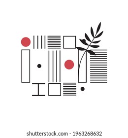 Black and red elements of modern design. Vintage vector illustration of various lines, circles. Template for posters, prints, wallpapers, covers, postcards. Geometric shapes in a minimalist style.