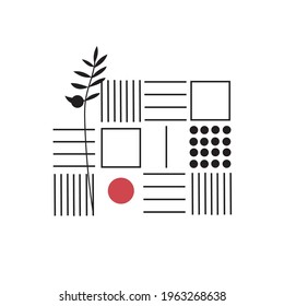 Black and red elements of modern design. Vintage vector illustration of various lines, circles. Template for posters, prints, wallpapers, covers, postcards. Geometric shapes in a minimalist style.