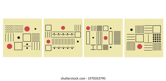 Black and red elements of modern design. Vintage vector illustration of various lines, circles. Template for posters, prints, wallpapers, covers, postcards. Geometric shapes in a minimalist style.