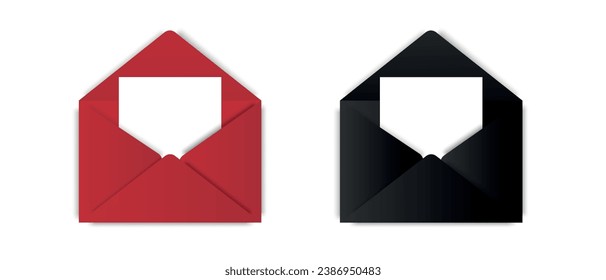 Schwarze und rote Umschläge mit einem Buchstaben im Inneren. Ziehen Sie einen offenen Brief mit einem weißen Papierdokument in sich zusammen. Vektorgrafik.