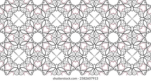 Black red ethnic seamless ornament. Fantasy ornate background in classic colors. Graceful fine lace of swirl. Geometric pattern of curved lines. Ornamental decor with hearts.