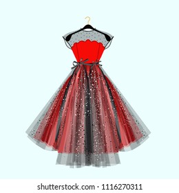 Black and red fancy dress for special event with decor. Vector Fashion illustration for online shop