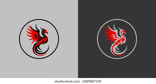 Black and red fire Dragon logo icon, perfect for tattoos or t-shirt designs, features a fierce and mythical creature in vector format.