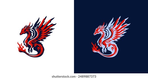 Black and red fire Dragon logo icon, perfect for tattoos or t-shirt designs, features a fierce and mythical creature in vector format.