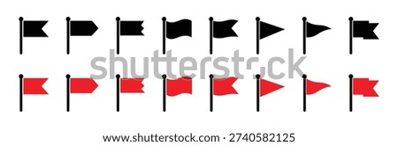 Black and Red Flags Symbol Collection on White Background – Triangle Alert Flag Shape Design, Warning Icon Set, Waving Tag Shape, Flat Style Vector Illustration