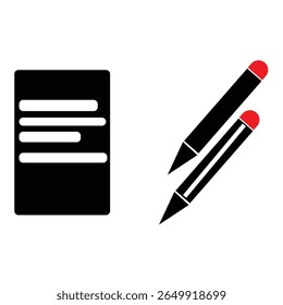 Black and red flat icon of notebook and pen, representing note-taking or education.