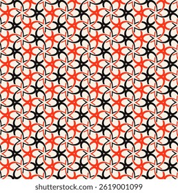 Black red geometric flowers, interwined circles seamless pattern on beige background. Repeating beige pattern.