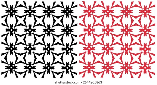 Black and red geometric and symmetrical patterns, for textile design, decorative arts or graphic elements.