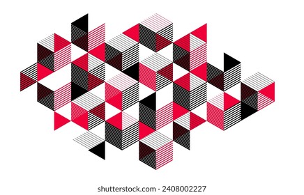 Black and red geometric vector abstract background with cubes and shapes, isometric 3D abstraction art displaying city buildings forms look like, op art optical illusion.