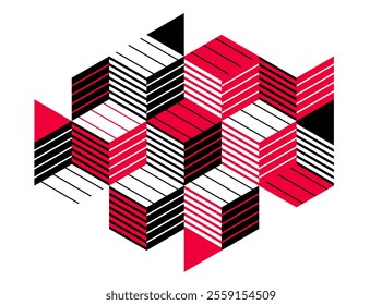 Black and red geometric vector abstract background with cubes and shapes, isometric 3D abstraction art displaying city buildings forms look like, op art optical illusion.