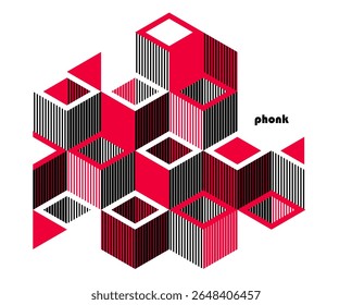 Black and red geometric vector abstract background with cubes and shapes, isometric 3D abstraction art displaying city buildings forms look like, op art optical illusion.