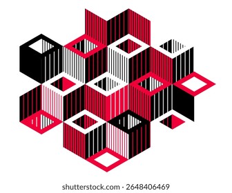 Black and red geometric vector abstract background with cubes and shapes, isometric 3D abstraction art displaying city buildings forms look like, op art optical illusion.