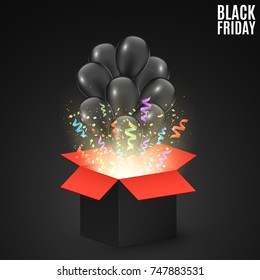 Black red gift box on a dark background with black balloons. Background for sale on a Black Friday. Colorful confetti and ribbons. Magic light and golden flying particles. Vector illustration