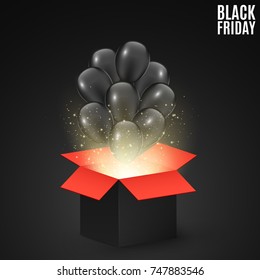 Black red gift box on a dark background with black balloons. Background for sale on a Black Friday. Magic light and golden flying particles. Vector illustration