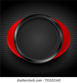 Black and red glossy circle shapes on dark perforated metallic texture. Technology concept vector design