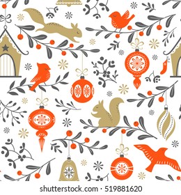 Black, red and gold Christmas retro pattern with Christmas ornaments, animals and floral elements.