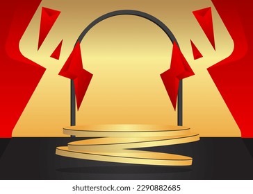 Black, Red and Gold stage showcase for presentation. Abstract cylinder pedestal podium. Minimal geometric mockup product display.