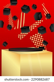 Black, Red and Gold stage showcase for presentation. Abstract cylinder pedestal podium. Minimal geometric mockup product display.