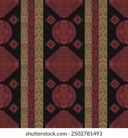 Black, red, and gold tribal geometric pattern with intricate ethnic designs, ideal for fabric or decor.