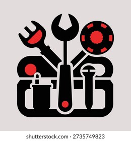a black and red graphic of a toolbox with various tools and a poker chip on top, against a light gray background