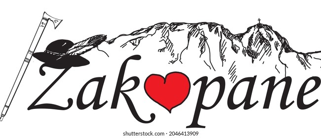 Black and red graphics depicting mountains, a highlander hat, a highlander ax and the inscription Zakopane. svg