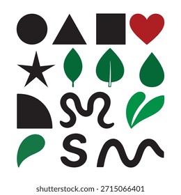 Conjunto de Formas de Vector Abstractas negro, rojo y verde Minimalista Geométrico y Orgánico Moderno Elementos de diseño Colección