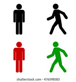 Black, red and green man icon set, green man walking and red man standing symbols, vector illustration