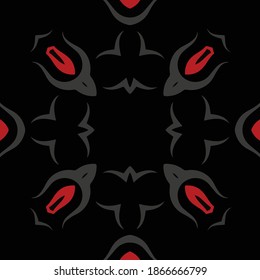 Black Red Grey Modern Ethnic Kaleidoscope Arabesque Mosaic Background. Abstract Symmetrical Geometric Wallpaper. Vector Tile For A Seamless Pattern.