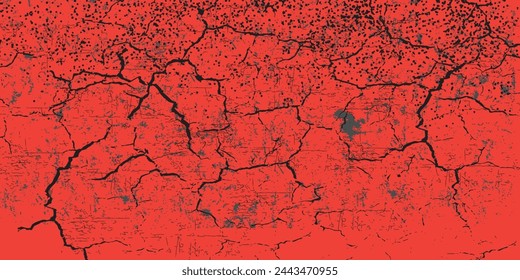 Fondo de grunge negro y rojo. Ilustración abstracta textura de grietas, virutas, puntos. Patrón monocromo sucio en la superficie desgastada