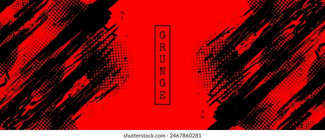 Black and Red Grunge Brush Background with Halftone Effect. Retro Grunge Background