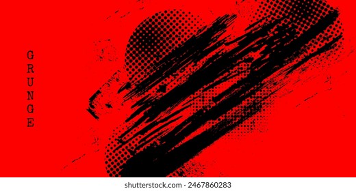 Black and Red Grunge Brush Background with Halftone Effect. Retro Grunge Background