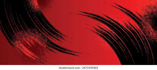 Black and Red Grunge Brush Background with Halftone Effect