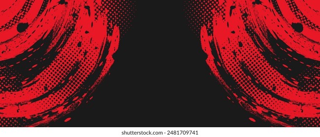 Black and Red Grunge Brush Background with Halftone Effect. Retro Grunge Background
