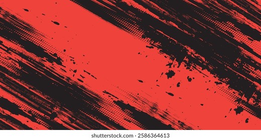 Black and Red Grunge Brush Background with Halftone Effect
