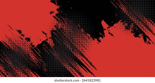 Black and Red Grunge Brush Background with Halftone Effect