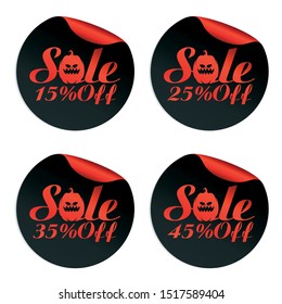 Black, red Halloween sale stickers set with pumpkin 15%, 25%, 35%, 45% off. Vector illustration