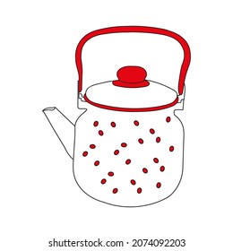 A Black and red hand drawing illustration of a metal kettle with hot water for tea or coffee isolated on a white background