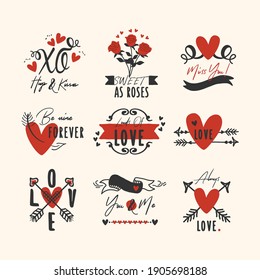 Black and red hand drawn heart and love emblems and labels icons set design elements on pink background