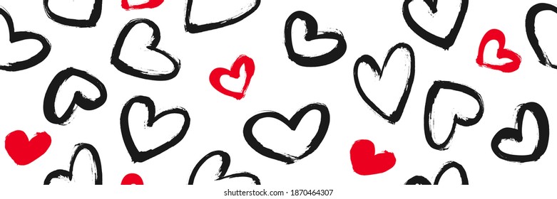 Black and Red hand drawn hearts seamless pattern. St. Valentine's day horisontal background texture. Love symbol set on white background. Vector illustration
