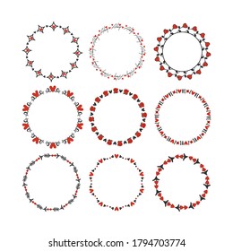 Black and red hand drawn romantic love hearts, and roses circle emblem set design elements on white background 