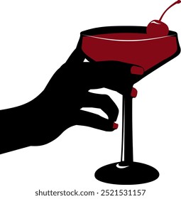 Black and red hand holding a cocktail with a cherry.
