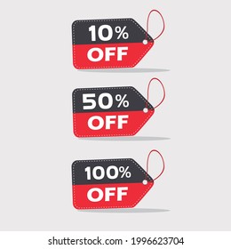 Black and red hangable promotion tags , 10 percent (10%) , 50 percent (50%) and 100 percent (100%). 