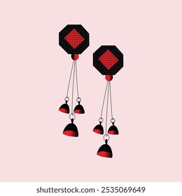 Pendientes colgantes negros y rojos con hermosa Ilustración vectorial de trabajo de piedra negra. Ropa tradicional colgando jumkas colección festiva.