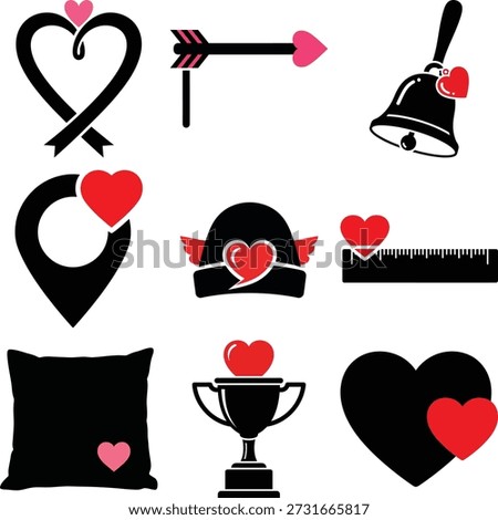Black and red heart with arrow bell pin location marker winged hat ruler pillow trophy pink
