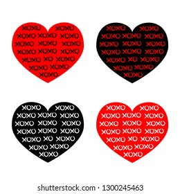 Black, red heart icon set. Xoxo phrase sketch saying. Hugs and kisses. Happy Valentines day sign symbol. Love greeting card. Cute graphic object. Flat design. Isolated. White background. Vector