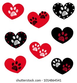 Black red heart with paw prints background